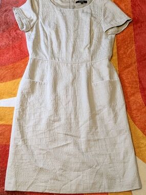 Alex Marie Midi Dress, Sz 10, Textured Short Sleeve w/ Pockets, Cream Tan